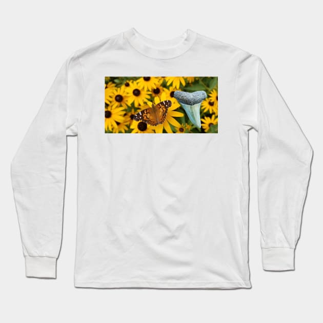 Flowers and Shark Tooth Fossil in the Garden Print Long Sleeve T-Shirt by AtlanticFossils